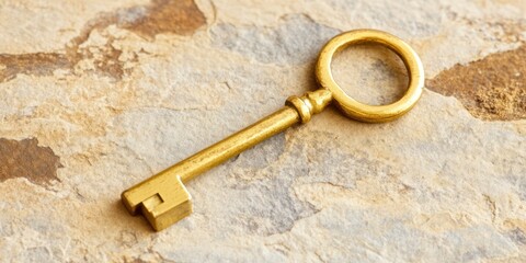 Poster - A golden key lies on a textured stone surface.