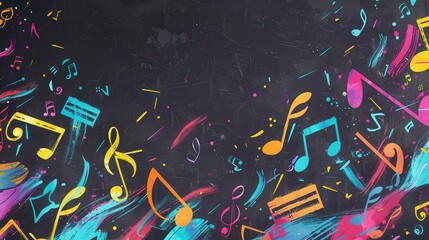 Leinwandbilder - Colorful brushstrokes blend with musical notes on a chalkboard, creating a lively atmosphere in an artist's studio filled with creativity. Generative AI