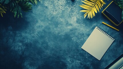 Poster - Top view of a blue background with notebook, pencil, and plants, perfect for a creative or business mockup.