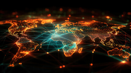 Poster - Sophisticated representation of global connectivity with vibrant, glowing lines across the world