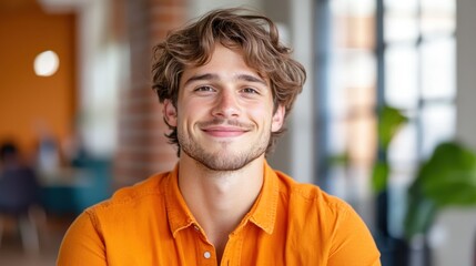 a portrait captures a cheerful man in an orange shirt inside a bright room, exuding warmth and frien