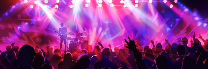 Fototapete - The vibrant atmosphere of a live concert fills the air as musicians perform on stage while the crowd energetically enjoys the show. Generative AI