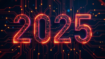 sparkling number 2025 with neon light effects on dark electronic background with circuits. New Year's celebration or events in tech company, trends in electronics and cyber industries concept.