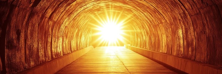 Bright light at the end of a tunnel with a stone pathway.