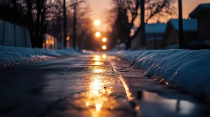 Wall Mural - Quiet street in winter, with fresh snow covering the ground and soft light from street lamps, Serene, Cool Tones, Atmospheric