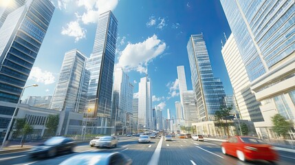 A wide-angle view of a busy city street with tall skyscrapers and traffic moving along the road. The sky is blue and bright with white clouds.