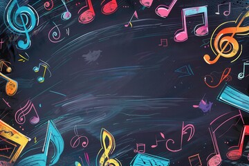 Poster - A chalkboard filled with colorful paint strokes intertwined with various musical notes and symbols, creating an artistic atmosphere for expression. Generative AI