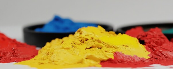 Canvas Print - Yellow, red, and blue paint pigments spilled on a white surface.