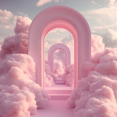 Wall Mural - 3d rendering of pink arches with clouds