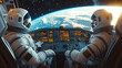 © 沈军 贡 - Two astronauts in space suits sit at the control panel of their spaceship