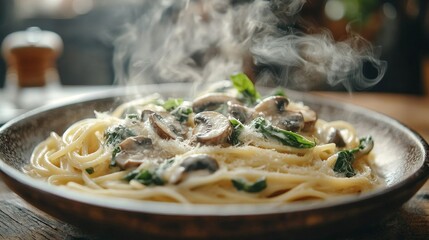 Advertising shot of creamy pasta with mushrooms and spinach, served on a rustic plate, selective focus, rich textures, steam gently rising, food styling, close-up, Italian cuisine