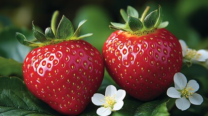 Two ripe red strawberries with white blossoms on green leaves.