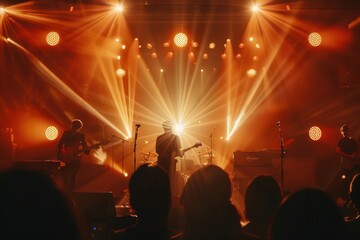 Fototapete - Musicians perform passionately on stage, bathed in bright lights while the enthusiastic crowd cheers and enjoys the moment. Generative AI
