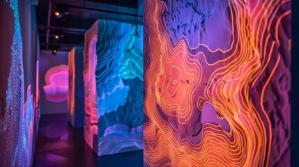 Poster - vibrant topographic lines are glowing brightly on abstract illuminated walls in an immersive art exh