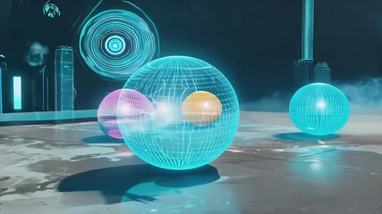 Wall Mural - Step futuristic scene filled neon fluorescent spheres concrete floor set smoky backdrop embodying cyberthemed aesthetic suitable technology design explorations smoke three dimensional cloud wind