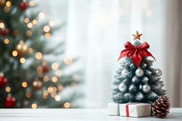 Wall Mural - Empty of Christmas Blurred on Background. Blank Christmas. Gifts. Christmas Trees. Product Mockup. Copy space.