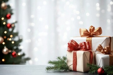 Wall Mural - Empty of Christmas Blurred on Background. Blank Christmas. Gifts. Christmas Trees. Product Mockup. Copy space.