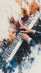 Poster - A pair of hands playing a piano keyboard, the image is painted with watercolors, in shades of blue, orange, and red.