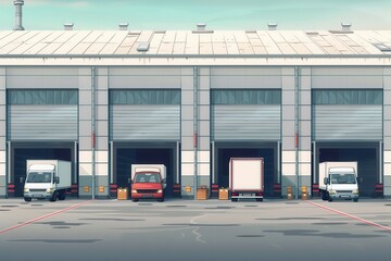 Aufkleber - Several trucks and vans are parked outside a warehouse, ready for loading operations to begin in a busy industrial setting. Generative AI