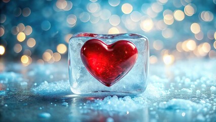 Wall Mural - Symmetrical image of a red heart frozen in a heart shaped block of ice on a winter bokeh background