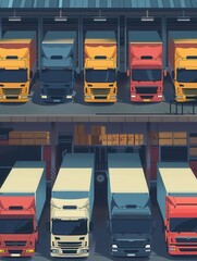 Poster - Several trucks and vans are lined up at a warehouse, prepared for loading activities during daytime operations. Generative AI