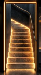 Canvas Print - Modern interior design with a minimalist staircase illuminated by warm LED lights.