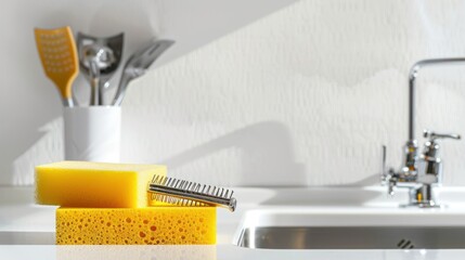 Wall Mural - Yellow Sponges, Metal Scrubber and Kitchen Faucet