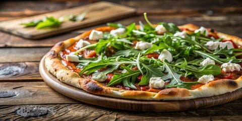 Rustic pizza served with fresh arugula and artisanal cheese , pizza, rustic, presentation, fresh, arugula, artisanal, cheese