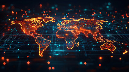 Poster - Elegant digital world map featuring glowing network connections symbolizing global connectivity