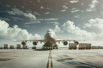 Poster - A cargo airplane is positioned on a runway, surrounded by loading and unloading equipment, actively preparing for freight transport. Generative AI