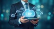 © Caspernik - Cloud ERP enterprise resource planning concept businessman managing data with cloud computing for HR and business resources