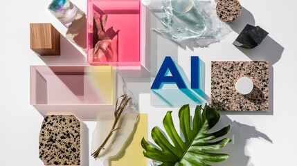 Colorful abstract arrangement featuring 'AI' letters amidst diverse textures and materials like glass, stone, and foliage representing innovation and modern design.