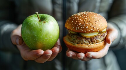 Poster - A hand holds a green apple while the other hand presents a hamburger, showcasing the difference between nutritious and junk food options. Generative AI