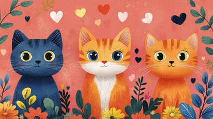 Naklejka na meble A whimsical illustration of three colorful cats surrounded by flowers and hearts.