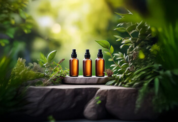 Three amber glass bottles with black spray tops sit on a wooden platform in a lush green natural setting.