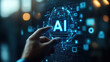 © 沈军 贡 - Businessman touching a digital hologram of an AI icon with the text 'AI' on a virtual screen