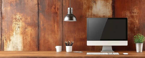 Sticker - A modern office workspace with a computer, pencils, a coffee mug, and a plant on a wooden desk with a rustic metal wall in the background.