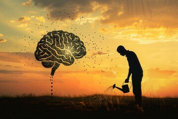 Aufkleber - A silhouette of a man waters a tree that resembles a human brain, highlighting the concept of nurturing knowledge and creativity at sunset. Generative AI