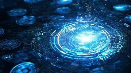 Poster - Abstract digital artwork depicting a glowing blue vortex surrounded by coins and circular data patterns at night