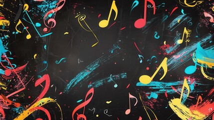 Aufkleber - Vibrant brushstrokes intertwine with musical symbols on a black chalkboard, creating an inspiring and lively artistic atmosphere. Generative AI