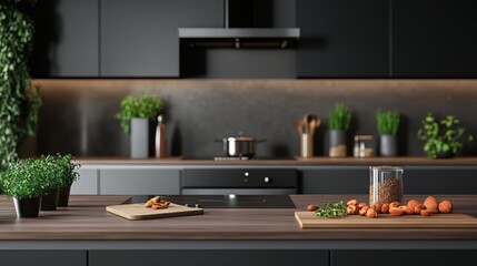 Ultra-realistic modern kitchen interior in Scandinavian style featuring sleek light grey cabinets, stainless steel appliances, wooden countertops, and modern décor items such as a cutting board, knife