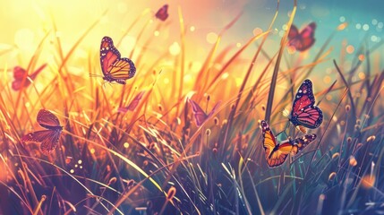 Wall Mural - Butterflies Flying Through Tall Grass in a Golden Sunset