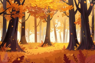 Aufkleber - The forest glows with brilliant autumn leaves, creating a serene atmosphere as soft sunlight filters through the tall trees. Generative AI