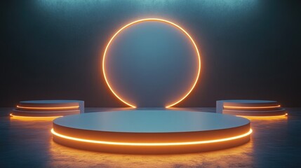 Circular Platform with Neon Lights and a Glowing Oval in a Dark Room