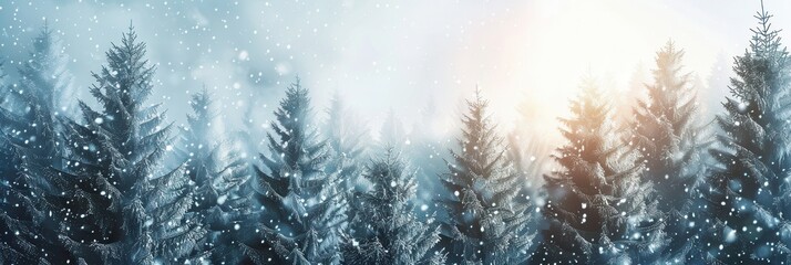 Fototapete - Tall pine trees stand quietly in a snow-covered forest, with gentle flakes falling and sunlight filtering through the branches. Generative AI