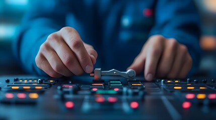 Close up view of an engineer s hands using a ratchet tool to repair a mechanical part in the control panel of a cockpit with a focus on the detailed tools switches