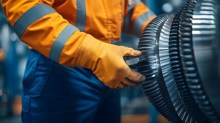 Close up view of an aircraft engineer s hands meticulously replacing a turbine blade showcasing the intricate tools machinery