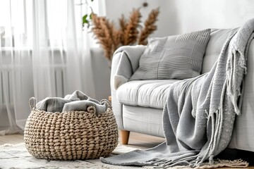 Modern living room with comfortable cozy grey sofa and basket with soft blanket