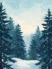 Poster - Tall pine trees stand majestically in a snow-covered forest, blanketed by soft snowfall and illuminated by the early morning light. Generative AI