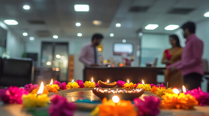 Wall Mural - Corporate Diwali Celebration: Gift Exchange and Diyas in a Festive Office Setting